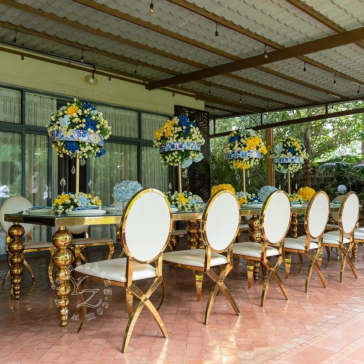 Modern Luxury Rectangle Wedding and Dining Table with Stainless Steel Balls Legs for Hotels and Halls