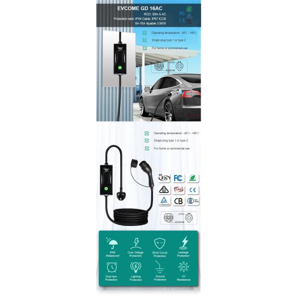 EVCOME Portable Ev Charging Station (220V 8A 10A 13A 16A) 5M Or Customized Cable With OEM  ODM