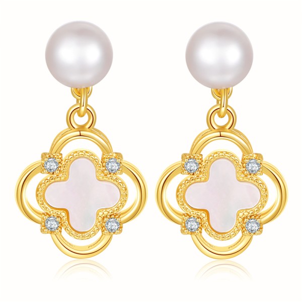 Fashion Maple Leaf Pearl Earring 14K Gold Plated Flower Studs 925 Silver Needle Hypoallergenic Butterfly Earrings