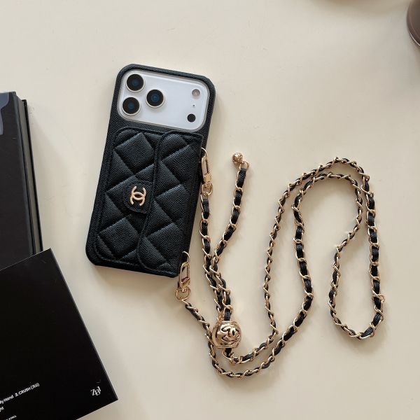 Caviar Diamond-patterned Card Slot Crossbody Chain case for 114 Pro Max, iPhone 16 Pro Protective Case, 17 Pro