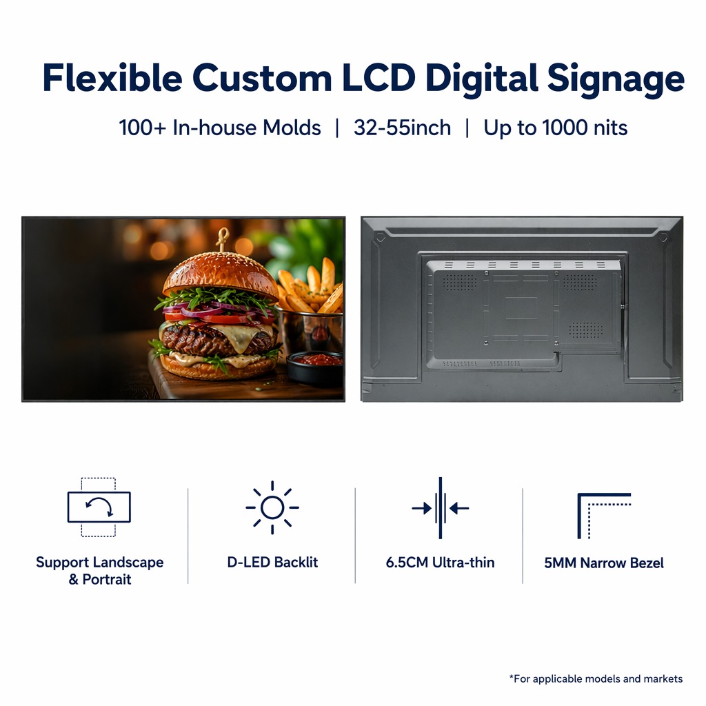 55/65 Inch LCD Wall Digital Menu Screen Smart TV 4K Wide Screen Ad Display
