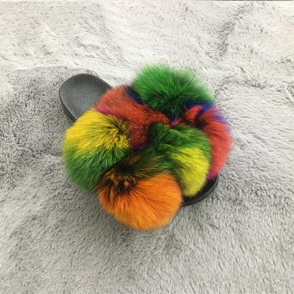 Wholesale Fluffy Slippers Multi - Color Spliced Vamp Furry Slippers For Women Real Fox Fur Slides