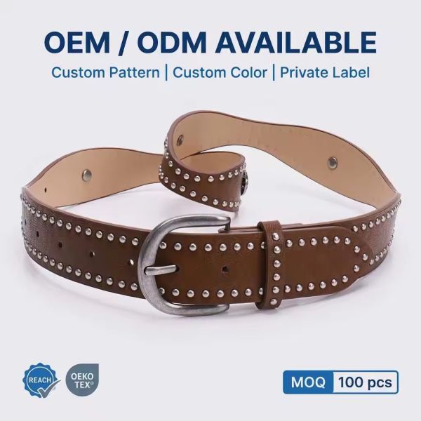 Fashion Women's Design Rivet Studs Belt Genuine Leather With Zinc Alloy  Buckle Belts