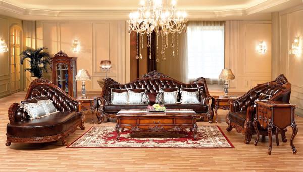 New French style picture leather  and wood sofa furniture antique classic sofa set