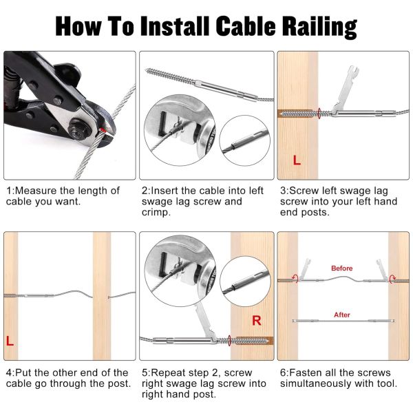 T316 Stainless Steel Cable Railing Hardware with 3/16-inch Stainless Steel Cables and Waterproof Swage Stud Terminal