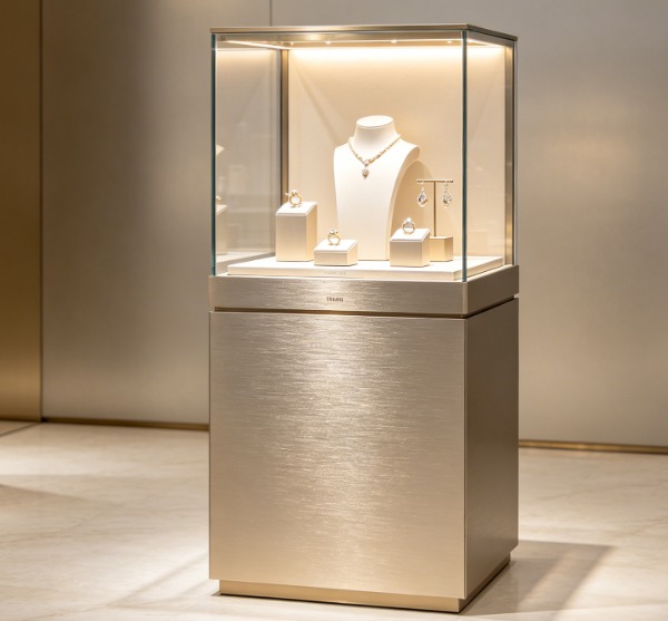 Modern LED Light Aluminium Jewelry Showcase Counter Display Customized Luxury Oval Gold Diamond Jewelry Display Cabinet Showroom
