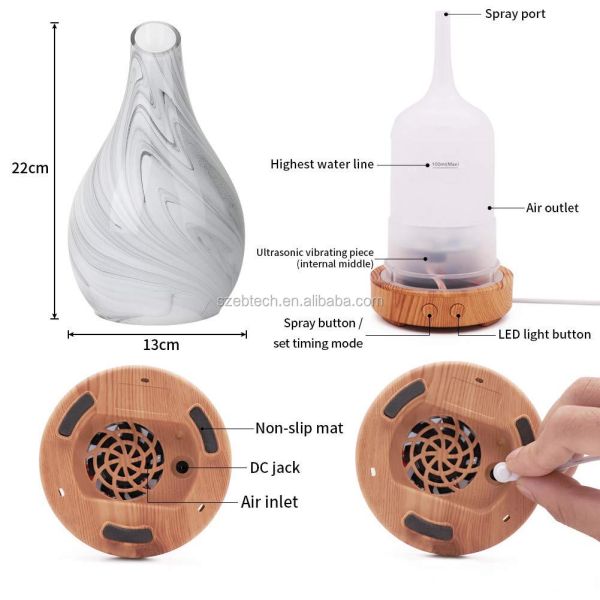 Handmade 100ML Glass Ultrasonic Electric Aroma Diffuser Cool Mist Aromatherapy Diffuser with Humidistat for Home Office Yoga SPA