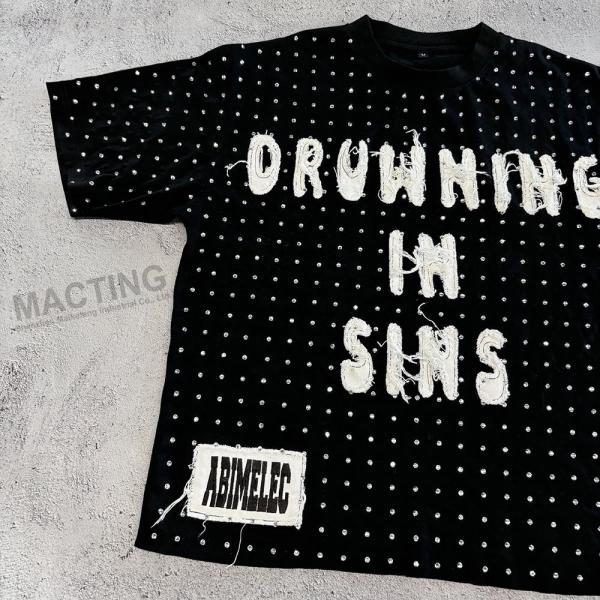 Custom Streetwear Rhinestone Cropped T Shirt Distressed Embroidery Patched For Men