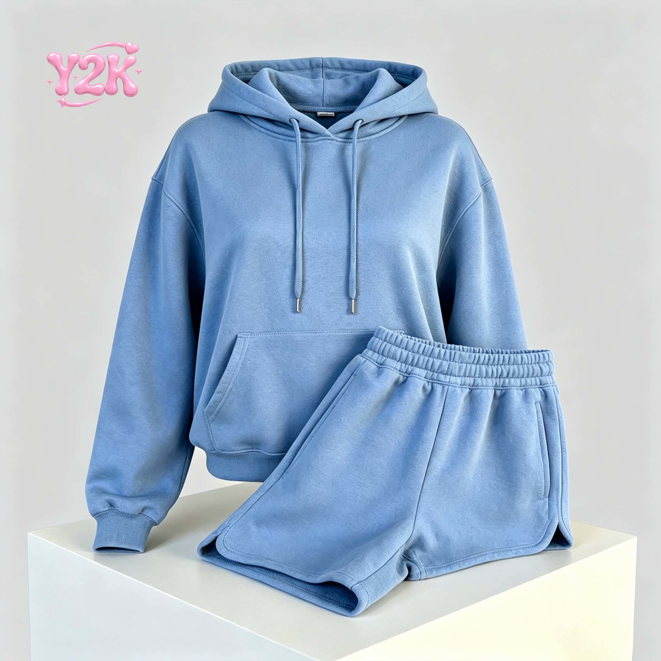 Custom Light Blue Hoodie & Shorts Oversized Loungewear Set