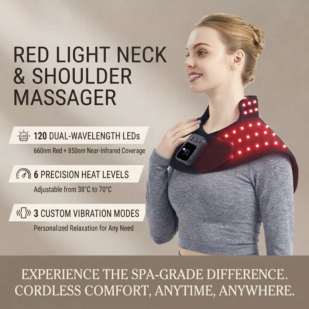 ZN-ML02 Dual-Wavelength Red Light Therapy Heating Shoulder & Neck Massager Wrap with 120 LEDs, 6 Heat Levels & 3 Vibration Modes