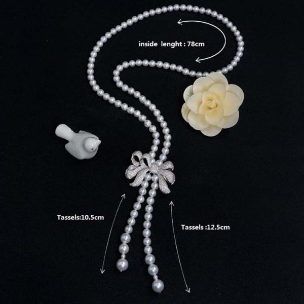 Women White 8mm Shell Pearl Starnds Tassel Necklace with Cubic Zirconia Bow Charm (SN702141)