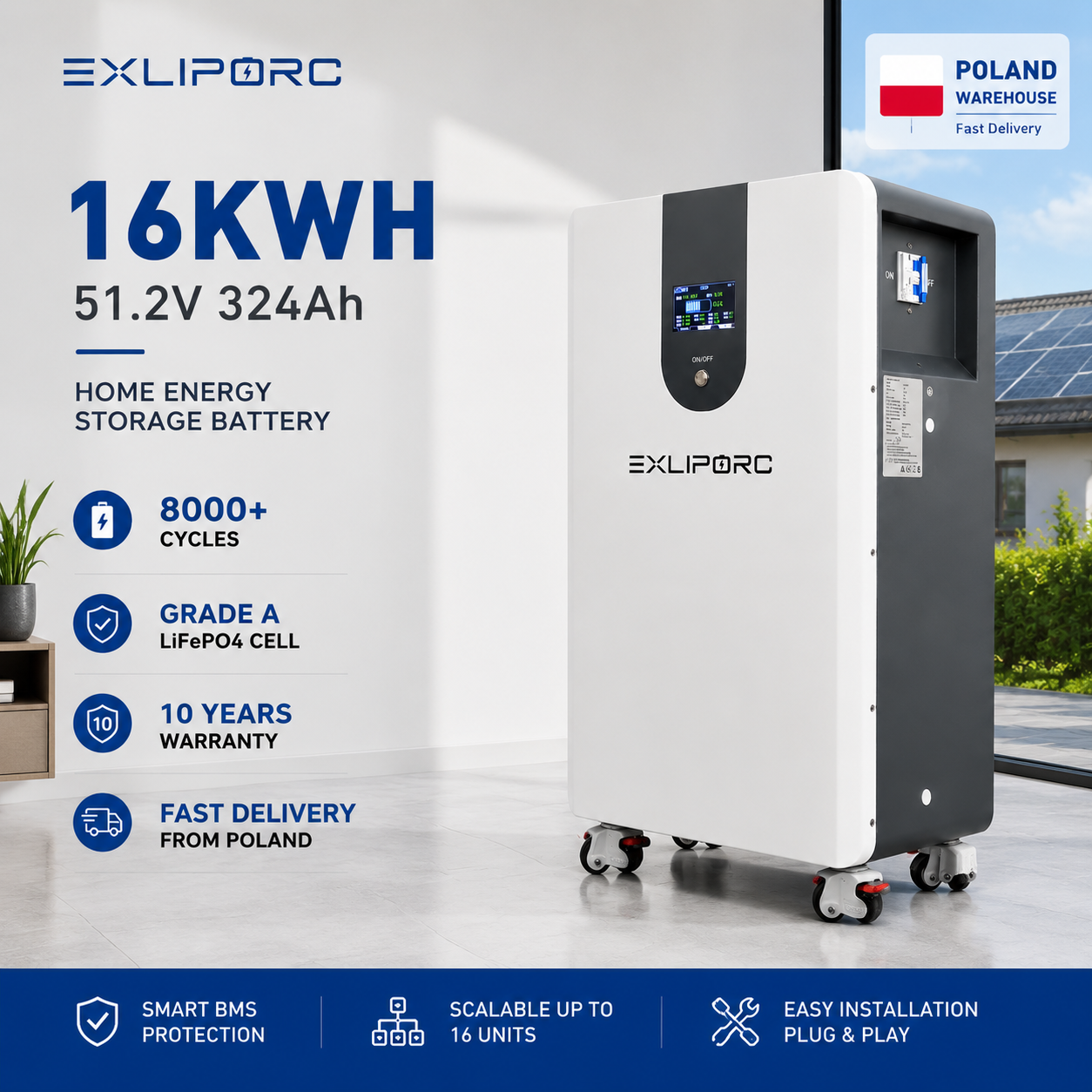 EU Stock 16KWh 51.2V 314Ah LFP Lithium Battery with Built-in BMS for Solar Energy Storage