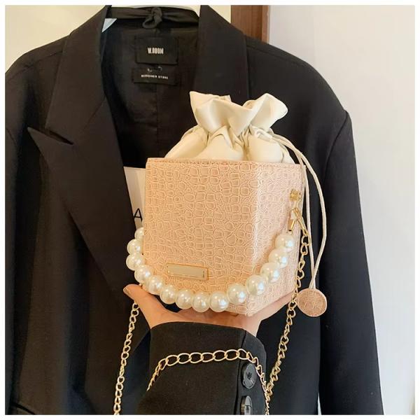 Summer Fashion Candy Color Bucket Bag With Pearl Chain Shoulder Sling Bag for Women