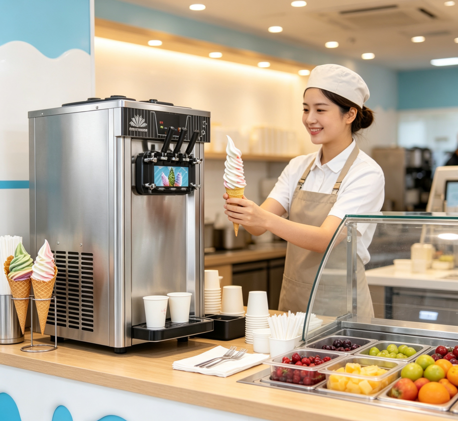Commercial Soft Serve Ice Cream Machine with Double Cylinder Stainless Steel Design for 3 Flavors
