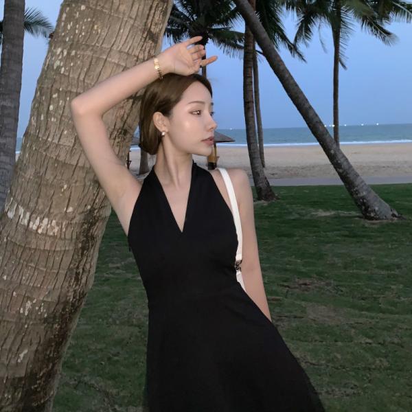 Retro V Neck Sleeveless Halter Black A Line Midi Dress