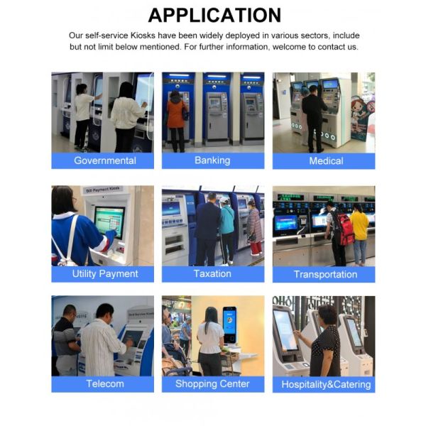 Self Service Kiosk with Capacitive Touch 10 Point Screen Custom Color and Floor Standing Wall Mounting Counter Top Installation