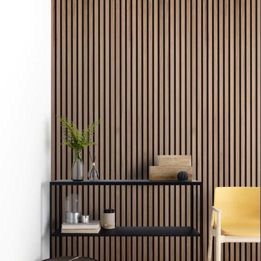 Painel de parede acústico de fibra de poliéster com material de madeira à prova de fogo e design de laje de madeira