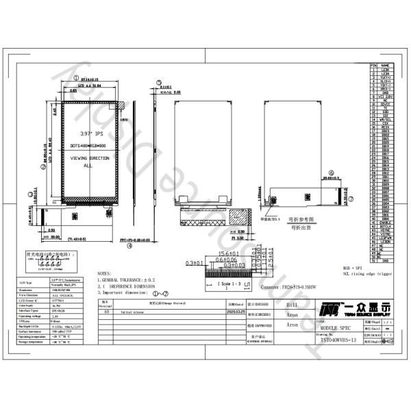3,97 экран 480x800 дюйма 500nits ST7701S TFT LCD с интерфейсом SPI RGB