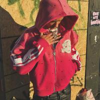 Taille personnalisée pour homme brodée Hoodie déprimée Zip Jacket avec lavage à l'acide Et l'impression de strass vintage Mode