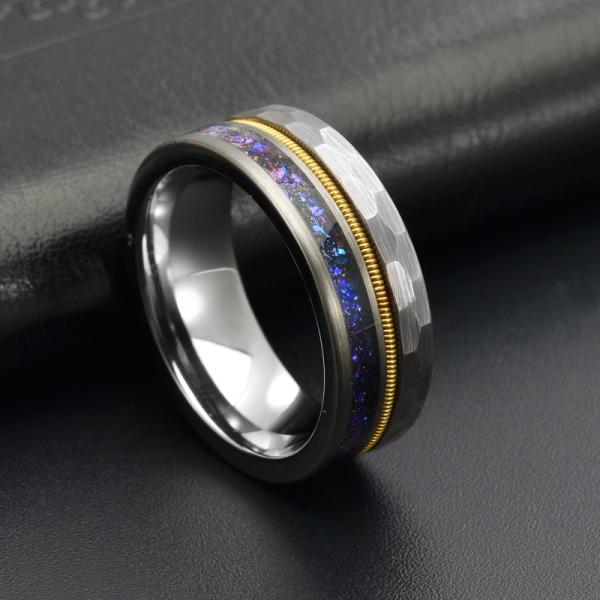 8mm Fashion Men's Guitar String Silver Tungsten Ring with Blue Sandstone Inlay Third Party Appraisal Diamond Shape Other