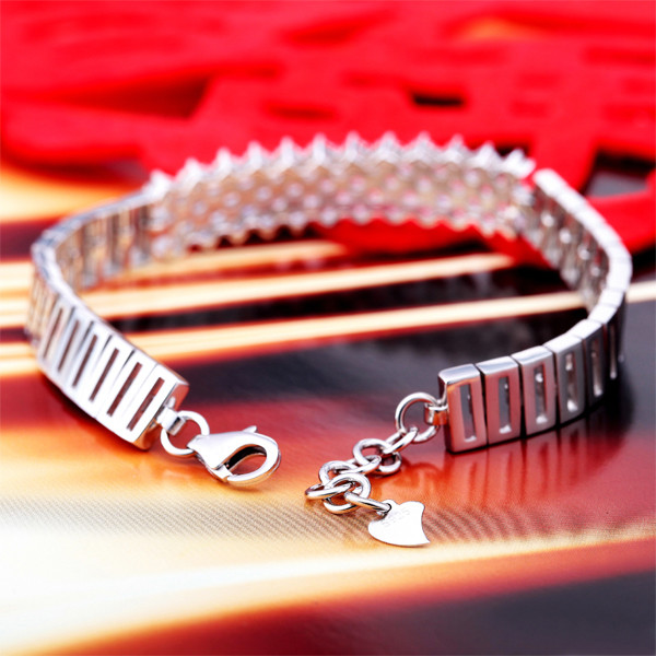 925 Silver Silver Link Bracelet   Clear Cubic Zircon Tennis Bracelet (YAQS005)