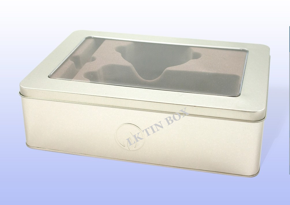 Custom Embossed Rectangle Gift Tin Box With Embossing And Pvc Window