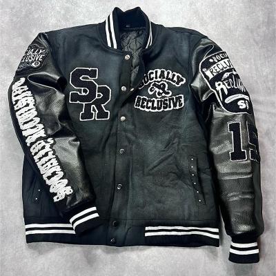 Hommes sur mesure Manches en cuir Chanille Broderie Jacket universitaire noir Broderie de lettres Patchwork Letterman Jacket bombardier universitaire