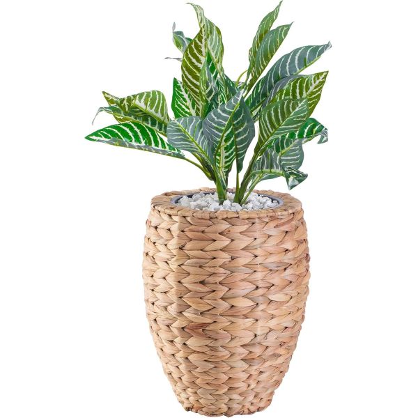 Water Hyacinth Wicker Planter Basket, Small Round Woven Basket For Plants With Metal Pot, Indoor Wicker Plant Pot Eco-Friendly Water Hyacinth Woven Plant Pot – Round Basket with Inner Saucer, Deco