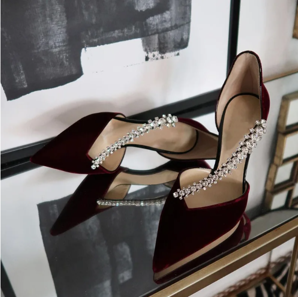 Women High Heeled Suede Pointed Toe Shoes Luxury Sandals Crystal Lady Strap Wedding Red For Party