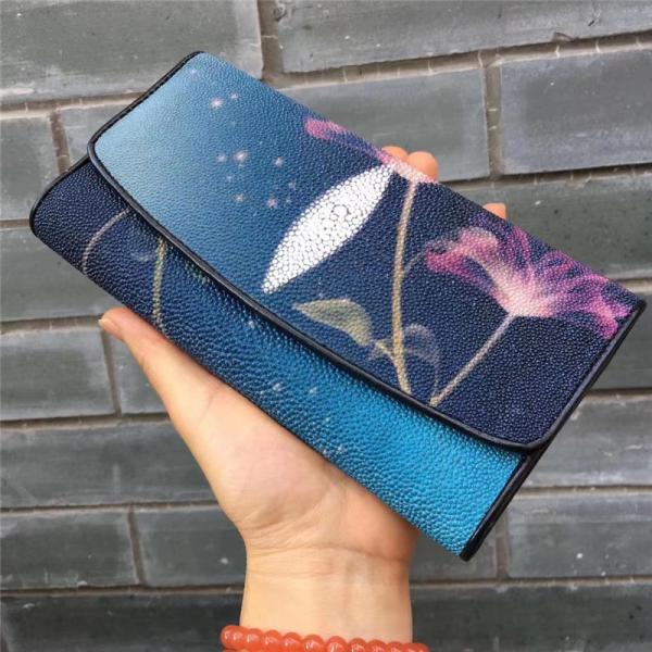 Authentic Stingray Skin Female Long Flower Trifold Wallet Genuine Leather Lady Large Clutch Purse Women's Card Holders