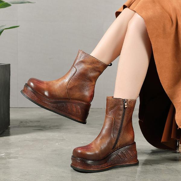 S325 Increased Thick Bottom Top Layer Leather Handmade Boots, Ethnic Style Retro Waxed Leather Personalized Fashion Wome