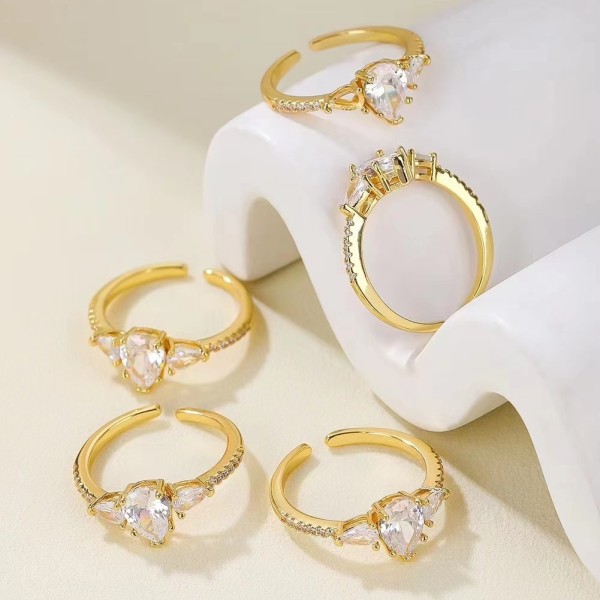 Jiexing Trendy Finger Rings Wholesale 14K Gold Plated Adjustable Shinny Zircon Micro Set Drop Shape Opening Ring