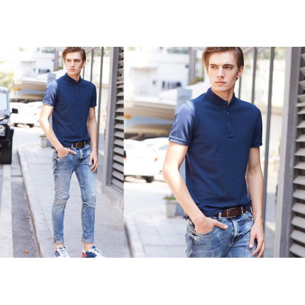 Navy Color Men's Cotton Polo Shirts Stand Collar , Fashion Short Sleeve Polos