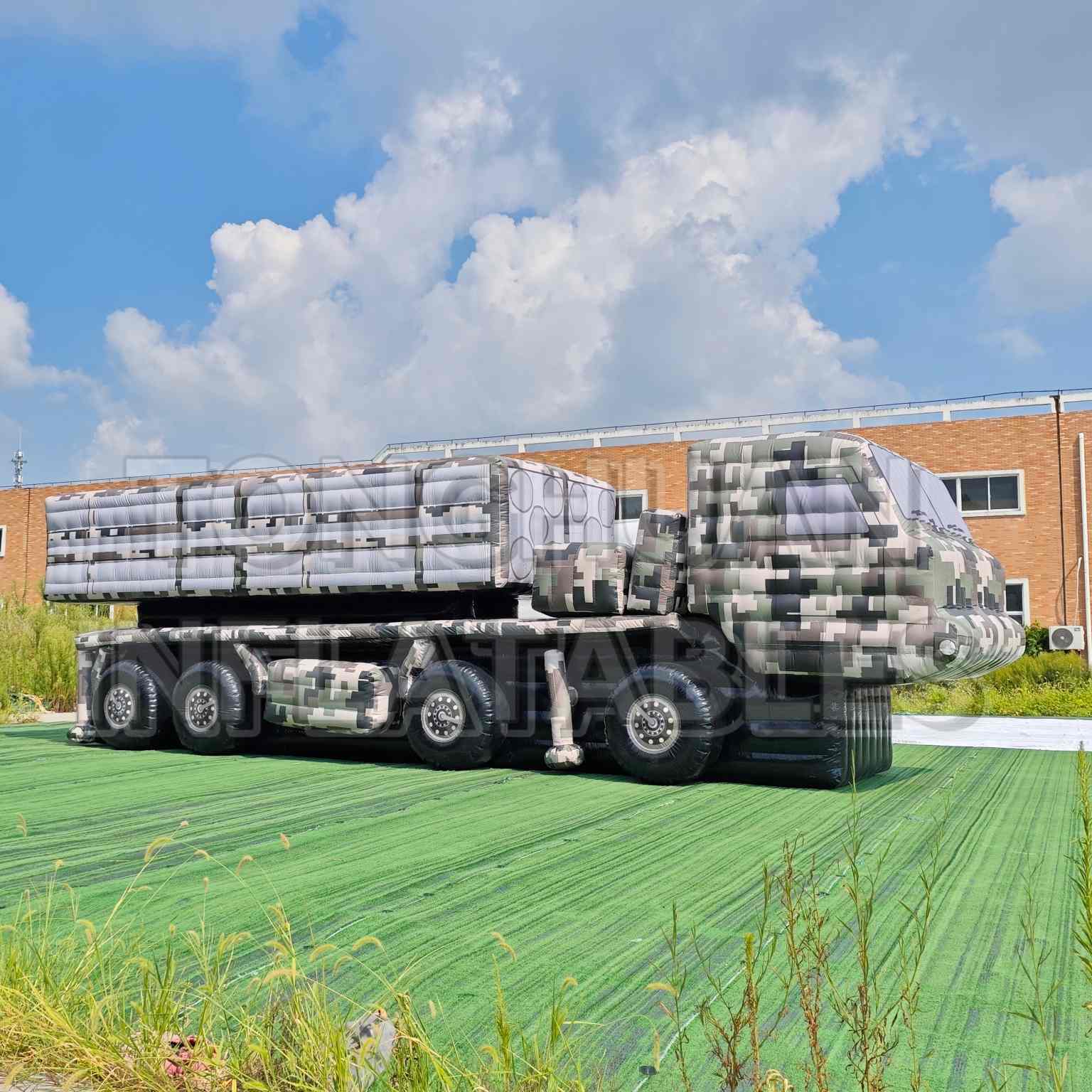 Custom Inflatable Launcher Vehicle Replica with Horizontal Canister Modules and Camouflage Truck Body for Training Display Exhibition and Outdoor Simulation Projects