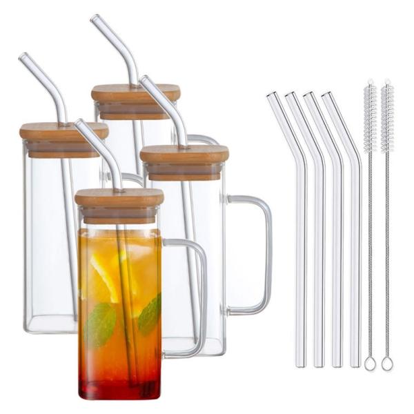 Sustainable 350ml Clear Glassware Drinkware Iced Coffee Tea Mug with Lid and Straw Handle