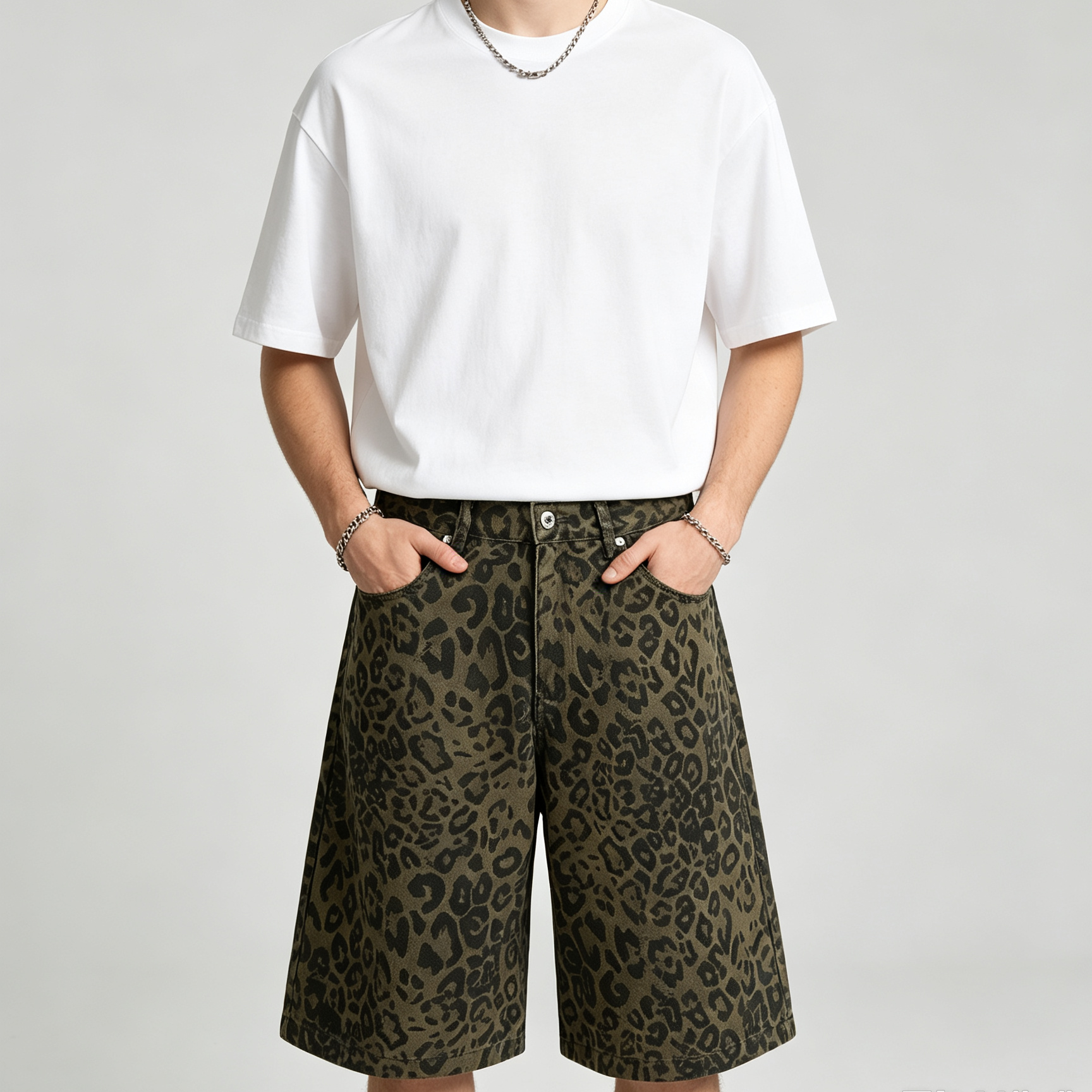 Non Stretch Sports Sweat Shorts Five Inch Leopard Print Denim Shorts Mid Waist