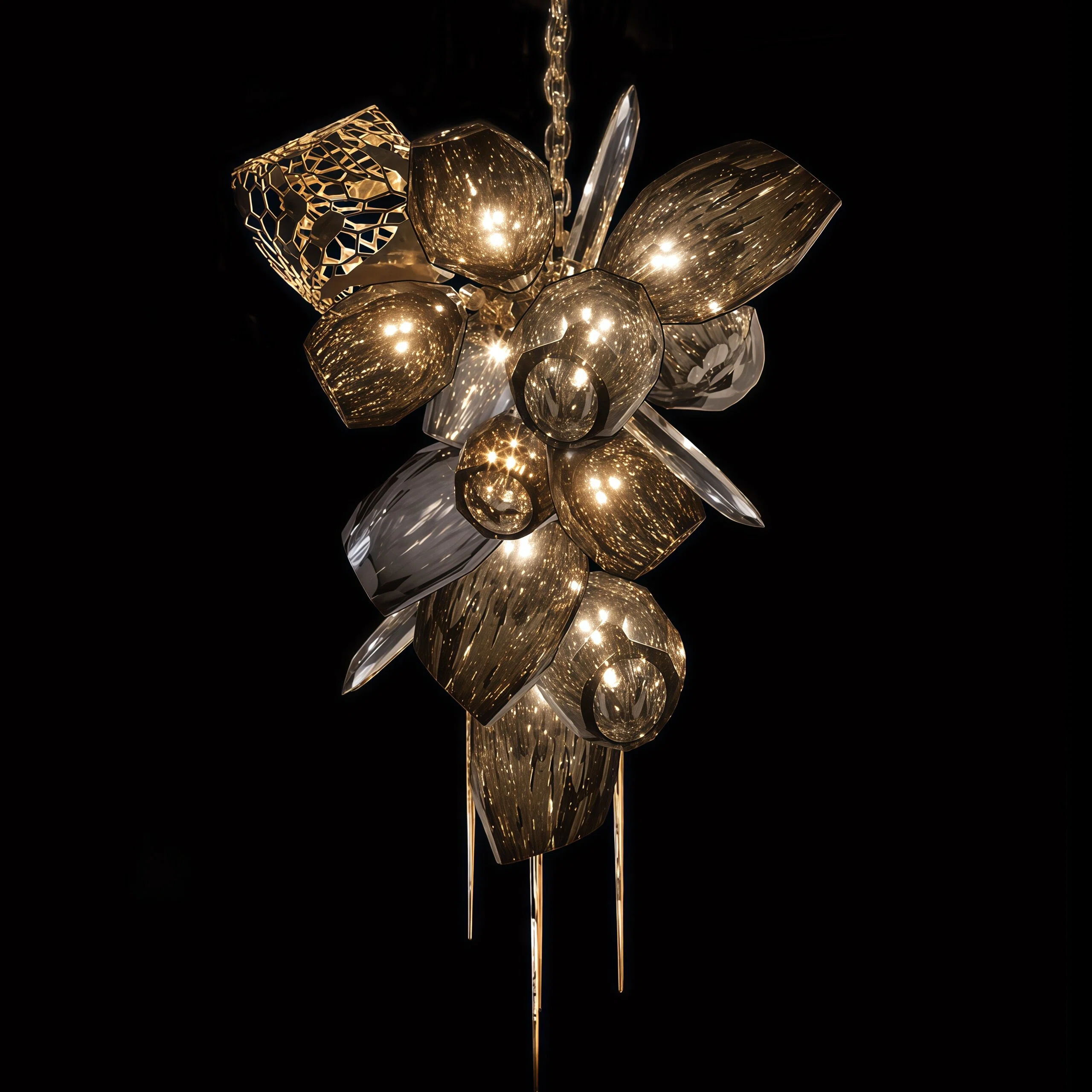 JYLIGHTING Modern Irregular Art Linear Glass & Gold Iron Chandelier, Abstract Sculptural Pendant Light for Luxury Dining Table & High-End Villa Interior