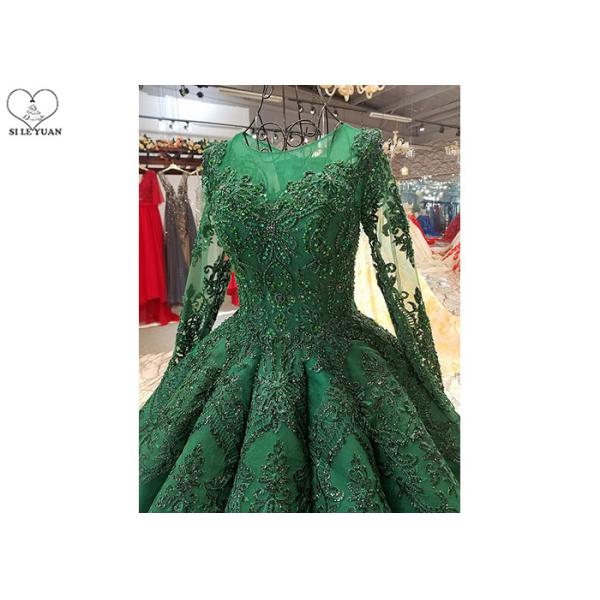 Luxury Heavy Beading Green Satin Prom Dress Perspective Long Sleeve Floor Length