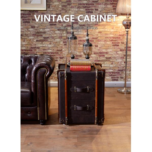 Nidea #8507 Classic Vintage Handmade Leather Trunk Cabinet Portable Storage Bedside Table with 2 Drawers for Living Room Furniture