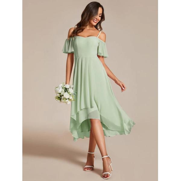 Empire Off-shoulder Spaghetti Strap Zipper High-low Wedding Guest Dresses Short Sleeves Burgundy Chiffon Evening Dress