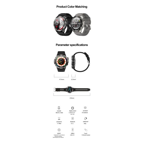Eraysun GPS Motion Measure Rate HK08 Smartwatch 1.43 Inch AMOLED Screen HK08 Smart Watches