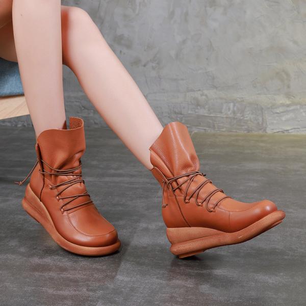 S093 New women's shoes retro leather elastic lace-up fashion short boots thick-soled wedges women's boots