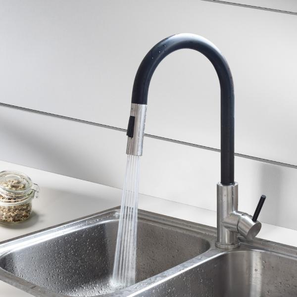 Lead free Matte black long neck kitchen faucet single handle black kitchen faucet with pull out sprayer