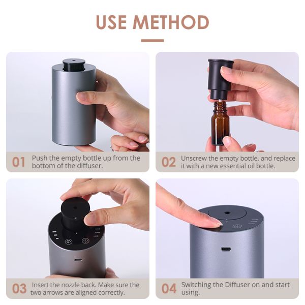 Portable Rechargeable Waterless Diffuser for Essential Oils, No Water Needed Cold Air Aroma Atomizer, Fits 10ml/15ml Oil Bottle Directly,Quiet Car Cup Holder Diffuser