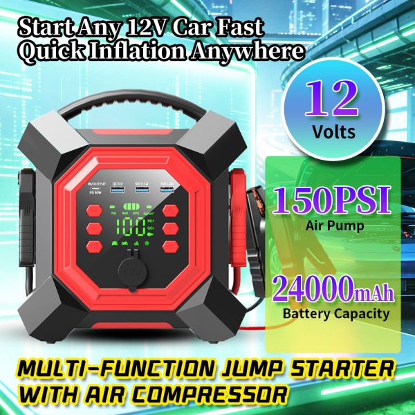24000mAh Multi Functional Jump Starter with 150PSI Digital Air Compressor and 600A Peak Current Portable Power Pack