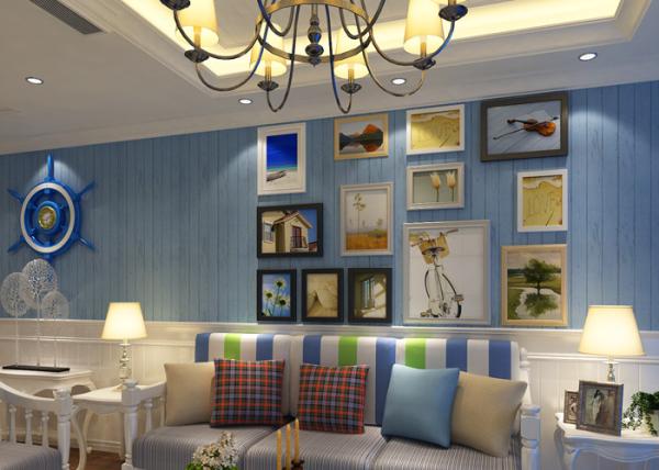Mediterranean Style Modern Striped Wallpaper , Blue Non woven Wallpaper for TV Background