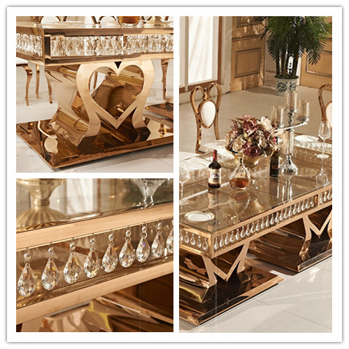 Custom Golden Stainless Steel Glass Dining Table Luxury Rectangle Furniture