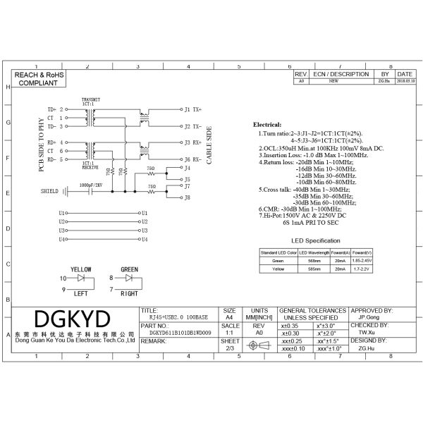 RJ45 Ethernet port with USB lightless shielded 100Mbps Ethernet socket DGKYD611B101DB1WD009