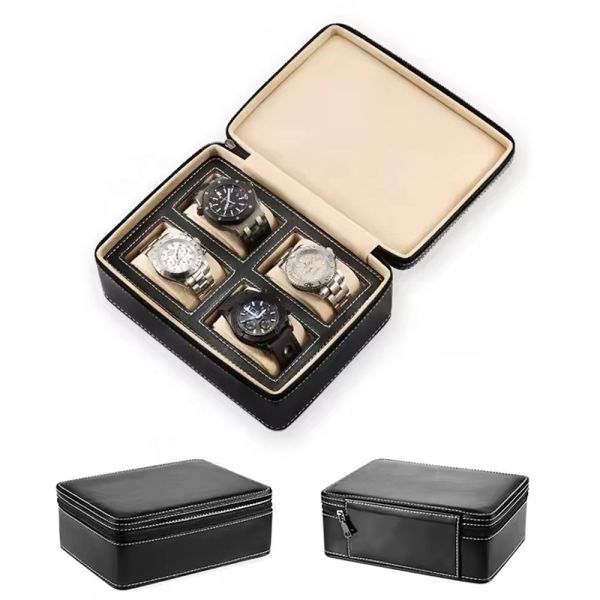 Custom Logo Leather Watch Boxes 4 Slots Ostrich Pattern Leather Case For 4 Watches