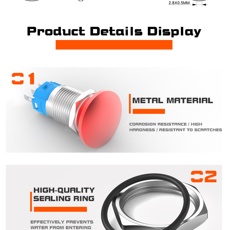 16MM Metal Button Switch Reset Self-Locking Normally Open and Normally Closed Mushroom Head Button Red and Green Momentary Custom Logo